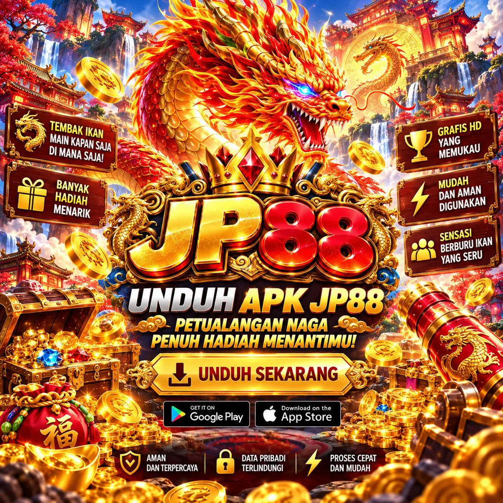 JP88 APK dengan tema naga emas, kuil oriental, koin keberuntungan dan tombol unduh.