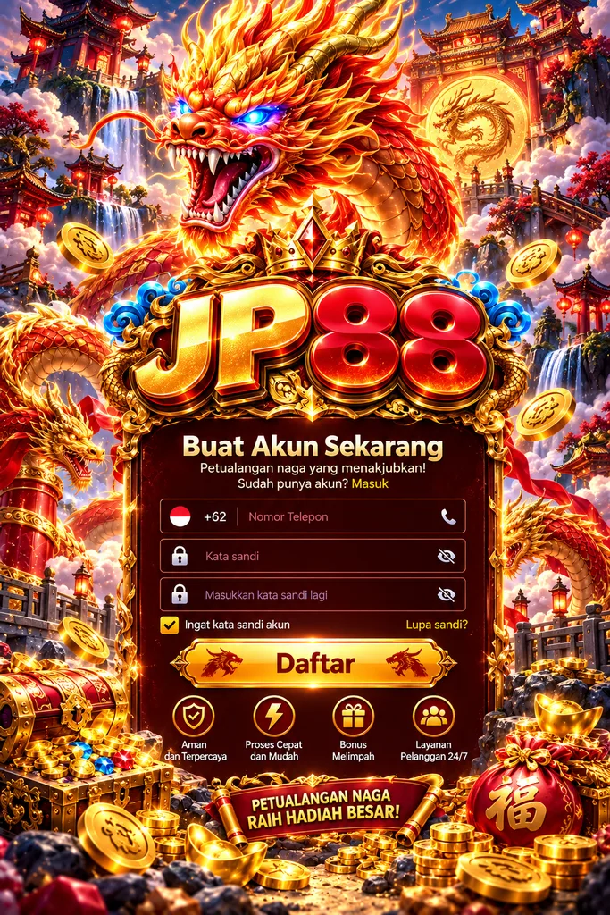 JP88 Daftar dengan tema naga emas, kuil oriental, koin keberuntungan dan formulir pendaftaran akun.