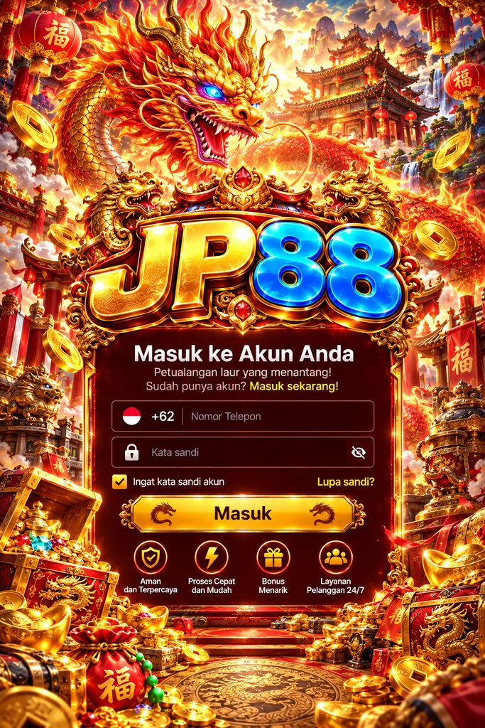 JP88 Login dengan tema naga emas, kuil oriental, koin dan halaman masuk akun.